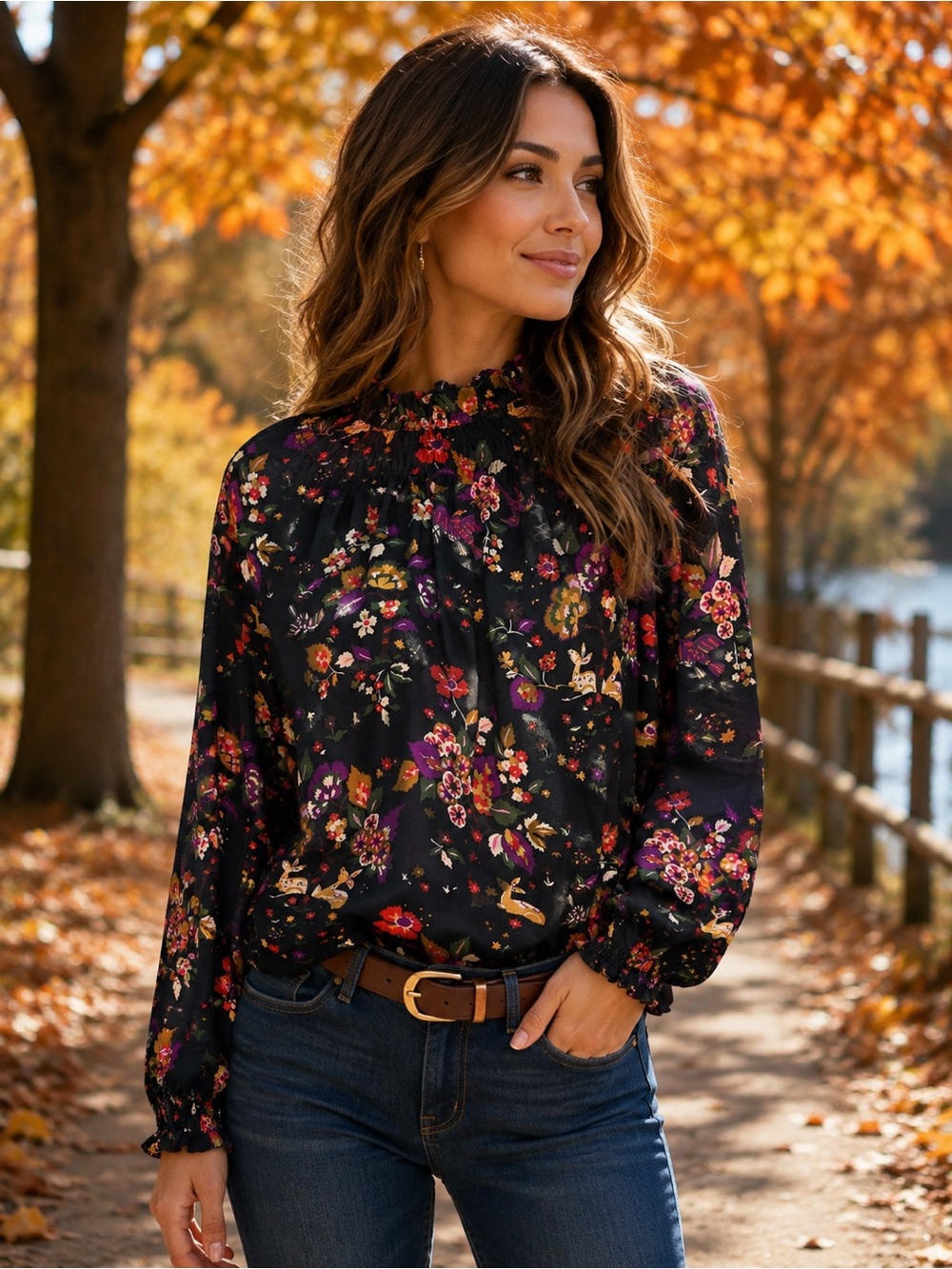 NWT J. McLaughlin Ionia Blouse XL Midi Forest Deer Floral Print $228
